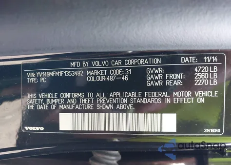 2015 Volvo S60 T6 Platinum z USA, uszkodzony, nr VIN YV149MFM1F1353482